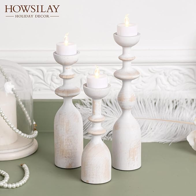 HOWSILAY Wood Candle Holder Candlestick Holders for Table Centerpiece - Rustic Farmhouse Decor Candle Stand fits 3/4" or 7/8" Taper Candle&Dia 1.5" Led Tea Lights or Pillar Candles(White)