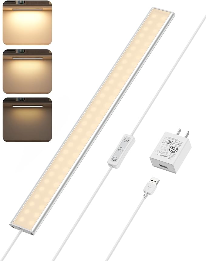 ASOKO Under Cabinet Lights, Upgrade 16inch LED Closet Light with Dimmable 3000K Warm White and Memory Function, Plug-in Under Counter Lights for Kitchen/Desk/Shelf/Workbench/Display Case/Room