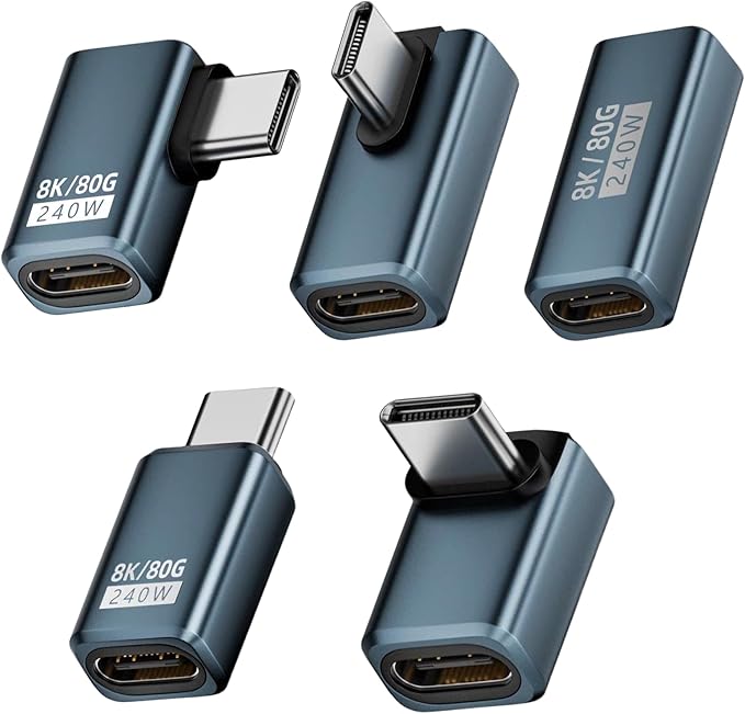 Poyiccot 80Gbps USB C 90 Degree Adapter【240W Charging/ 8K@60Hz Video】 90 Degree USB C Adapter Right Angle Type C Extender Compatible for Thunderbolt 5/4, iPhone 16, Steam Deck,5-Pack