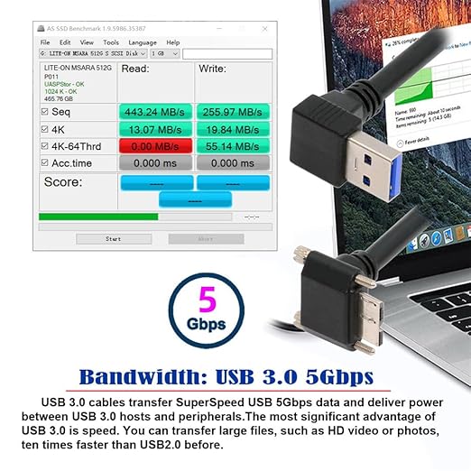 NFHK Down Angled 90 Degree USB 3.0 A Male to Micro-B 3.0 Plug Down Angled Locking Screw Panel Cable 25cm