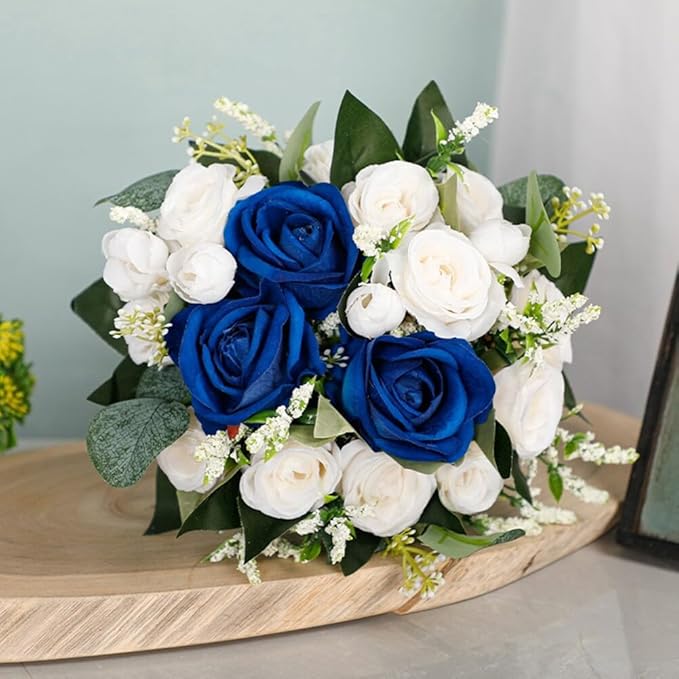 Wedding Rose Bouquet Bridesmaid Flower Bouquets, Artificial Flower Blue White Rose Wedding Bouquets for Bride Bridesmaid Bouquet Faux Bouquet Bride Bridesmaid Holding Flower for Wedding Decor, Medium