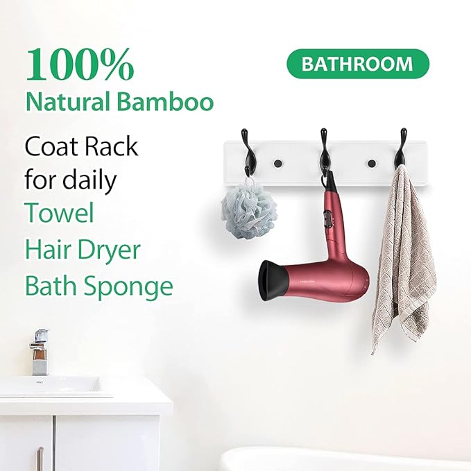 Wooden Coat Rack, Wall-Mounted Organizer for Closet, Entryway, Hallway, Foyer, Bedroom, Heavy Duty Double Hooks for Hanging Towels, Bags, Hats, Jackets, Key (WhiteBlack, 3 Hooks)