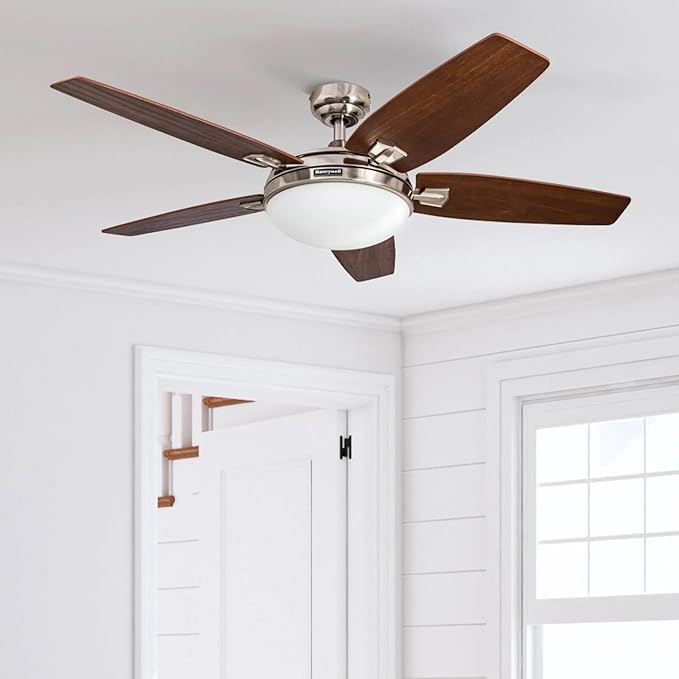 Honeywell Ceiling Fans Carmel, 48 Inch Contemporary Indoor LED Ceiling Fan with Light, Remote Control, Dual Mounting Options, Dual Finish Blades, Reversible Motor - 50196-01 (Brushed Nickel)