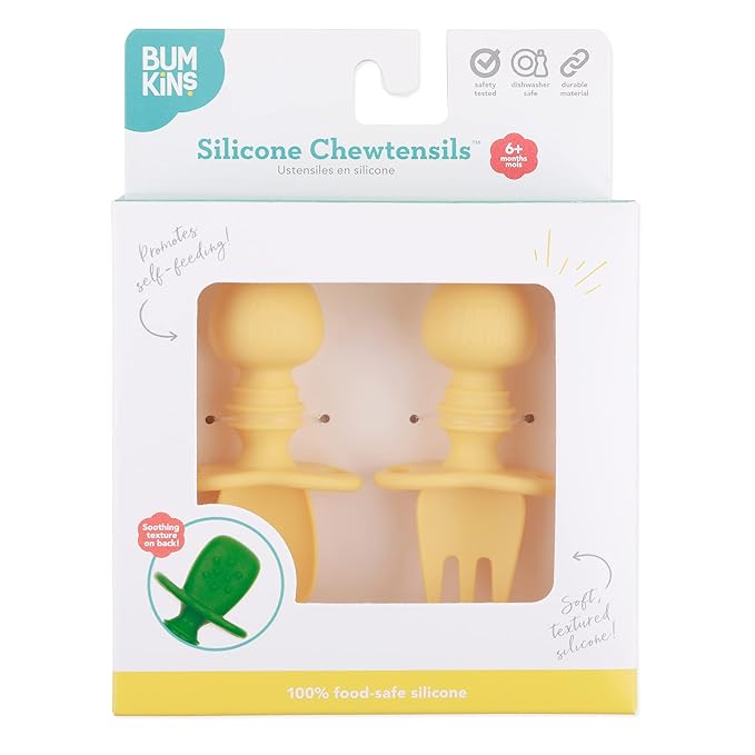 Bumkins Baby Utensils Set, Chewtensils Silicone Spoons for Dipping, Self-Feeding, Baby Led Weaning, Trainer Learning, First Stage Eating, Soft Practice Fork and Spoon, Babies 6 Months, Pineapple