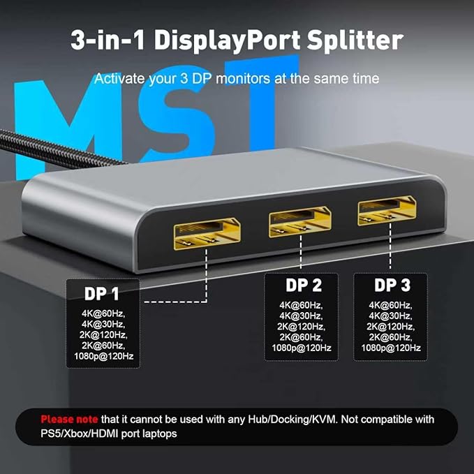 DisplayPort Splitter for 3 Monitors Extended Display | 4K 60Hz Display Port 1 in 3 Out, DP to Three DP MST Hub Adapter for PC, NVIDIA, AMD