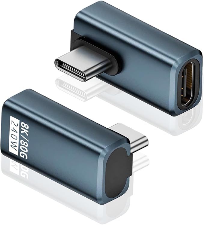 Poyiccot 2-Pack Right Angle USB C Adapter, 80Gbps/240W PD/8K@60Hz, USB C Right Angle Adapter 90 Degree Type C Extender Support Thunderbolt 5/4 for iPhone 15, MacBook, Steam Deck, Switch