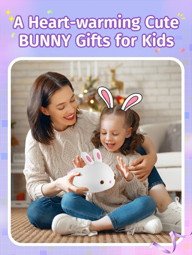 Mubarek Cute Night Light for Kids,16 Colors Kids Night Light for Girls Bunny Lamp,Dimmable Bunny Lamp,Tap Control+Rechargeable Gifts for Teen, Cute Room Decor for Teen Girls Gifts