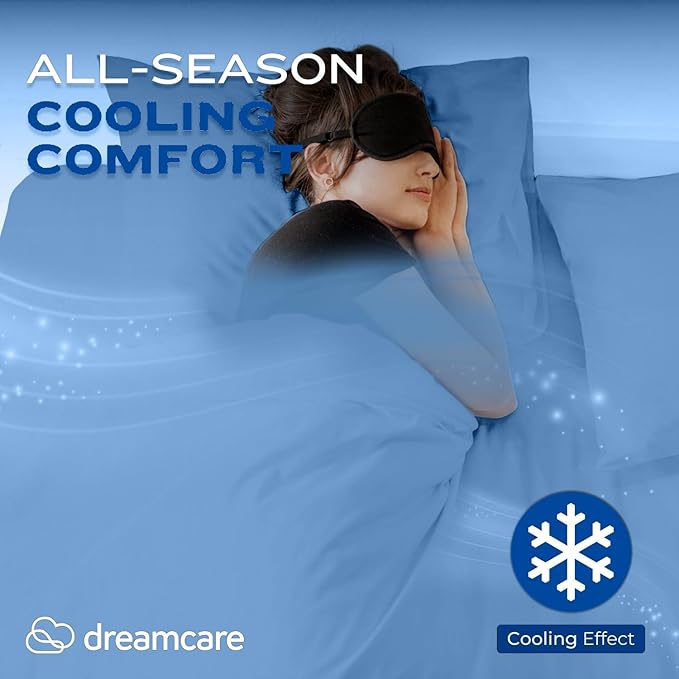 DREAMCARE Queen Sheet Set – 4 pcs Cooling Sheets – up to 21” Extra Deep Pocket Queen Sheets – Hotel Luxury Sheets & Pillowcases – Superior Softness 100% Fine Microfiber with Side Pocket – Light Blue