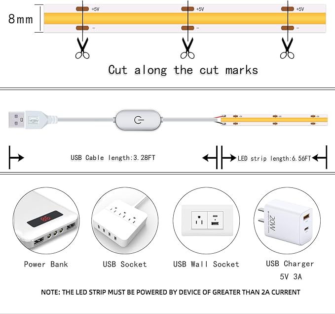 Led Strip Lights 5V USB 6.56ft/2m 640 LEDs Touch stepless Dimmable USB COB LED Strip Light 6000K White 10W Flexible 5v led Lights for Bedroom Kitchen,DIY Lighting Room Decor tv led Lights
