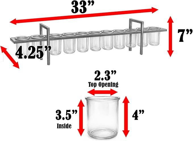 Seraphic 10-Cup Rustic Modern Floating Candle Holder Table Centerpiece Decoration for Dining Room, Kitchen, Patio, Weddings, Metal Iron with Glass Cups, 33" Long