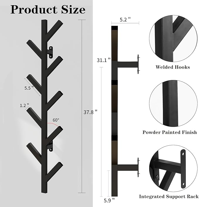 Vlush Wall Mounted Metal Coat Rack with 9 Hooks Modern Minimalist & Upright Coat Rack for Hanging Clothes, Hats, Hanging Bags and Scarves Entrance Wall Iron Coat Racks (Black)