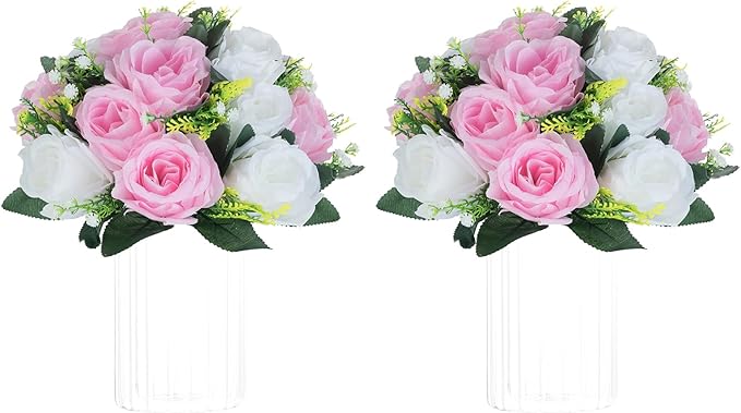 NUPTIO Pcs of 2 Fake Flower Ball Arrangement Bouquet,15 Heads Plastic Roses with Base, Suitable for Our Store's Wedding Centerpiece Flower Rack for Parties Valentine's Day Home Décor (Pink & White)