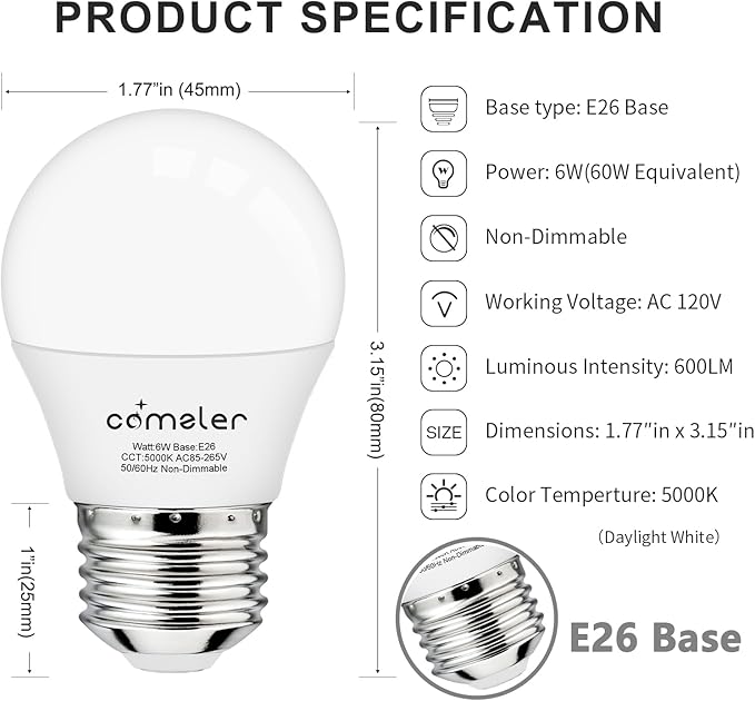 comzler 6W A15 LED Bulb Daylight 60 Watt Equivalent, E26 Medium Screw Base Small Light Bulb Cool White 5000K, Home Lighting Decorative Ceiling Fan Light Bulbs Non-Dimmable, Pack of 8