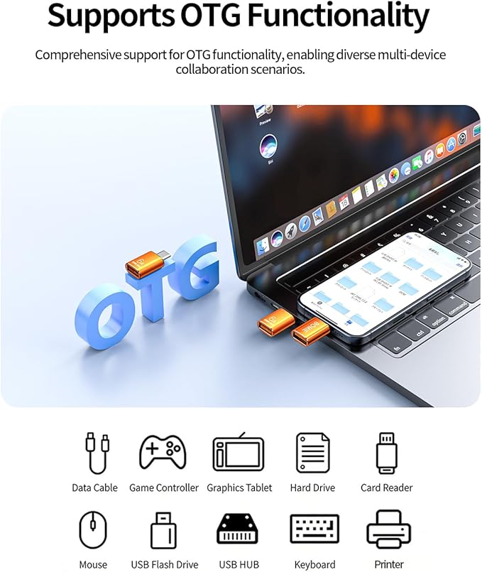 BOMIE USB C to USB Adapter 4 Pack,6A 120W Fast Charging 10Gbps Data Transfer,USB C Male to USB 3.2 Female OTG Adapter for Phone 15/16/17,Pad,Ma-cBook Pro/Air,Smartphone,Laptop,Tablet Orange