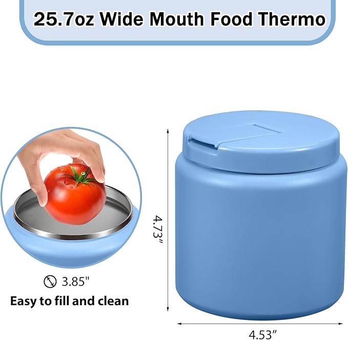 26oz Kids for Hot Food, Insulated Vacuum Food Jar with Buckle Lid, Stainless Steel Wide Mouth Leak Proof Insulated Lunch Container for School Picnic Travel, Sky Blue