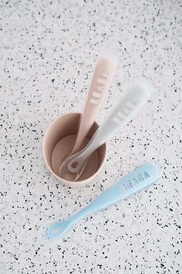 BEABA First Stage Baby Feeding Spoon Set, THE ORIGINAL Soft Tip Silicone Spoons for Babies, Gum Friendly BPA Lead Phthalate and Plastic Free, Great Gift Set (4 Pack), Cloud