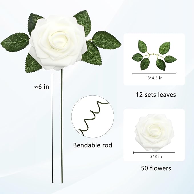 JOYLEX Artificial Flowers Realistic Roses, 50pcs Real Looking Fake Roses with Stem for DIY Wedding Bouquets Centerpieces Bridal Shower Party Home Romantic Decorations (Regular 3" - 50pcs, White)