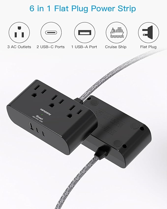10 Ft Ultra Thin Flat Extension Cord, HANYCONY Black Flat Plug Power Strip with 3 Outlets 3 USB Ports(2 USB C), Desk Wall Outlet Extender, Non Surge Protector for Cruise, Dorm Room Essentials