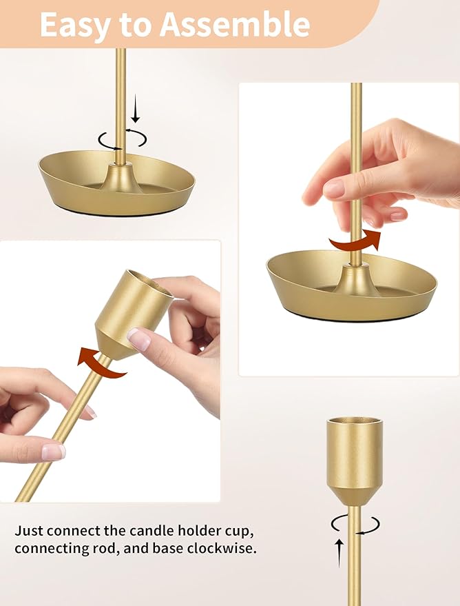 NUPTIO Taper Candle Holders for Centerpiece: 3 Pcs Matte Gold Candlestick Holder for Wedding - Brass Tall Candle Stick Holder for Christmas Party Dinner Table Fireplace Decor