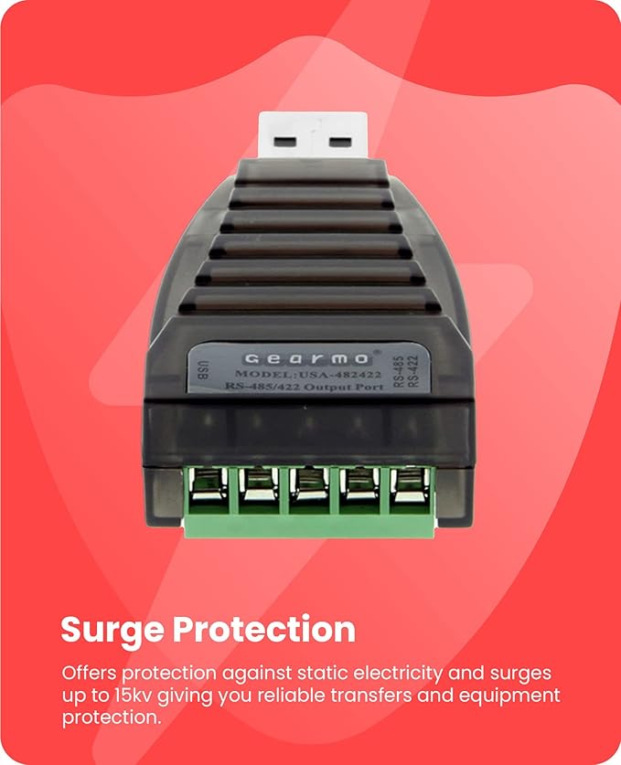 Gearmo USB to Serial RS485 Converter with LED Indicators, FTDI Chipset, Terminal Connectors, ESD Protection, Wide OS Support, RS422 Compatible