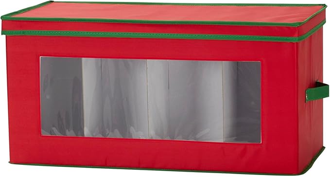 Household Essentials Holiday Figurine Storage Box, Windowed Storage with Lid, 8 Storage Compartments, Double Handles, Red with Green Trim