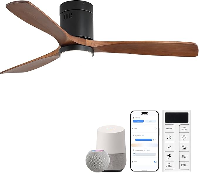 Sofucor 52 Inch Smart Ceiling Fans with Lights-Flush Mount Low Profile Modern Outdoor Solid Wood Ceiling Fans with Alexa/Google Assistant/APP/Remote Control for Bedroom/Farmhouse/Patio, Brown Black