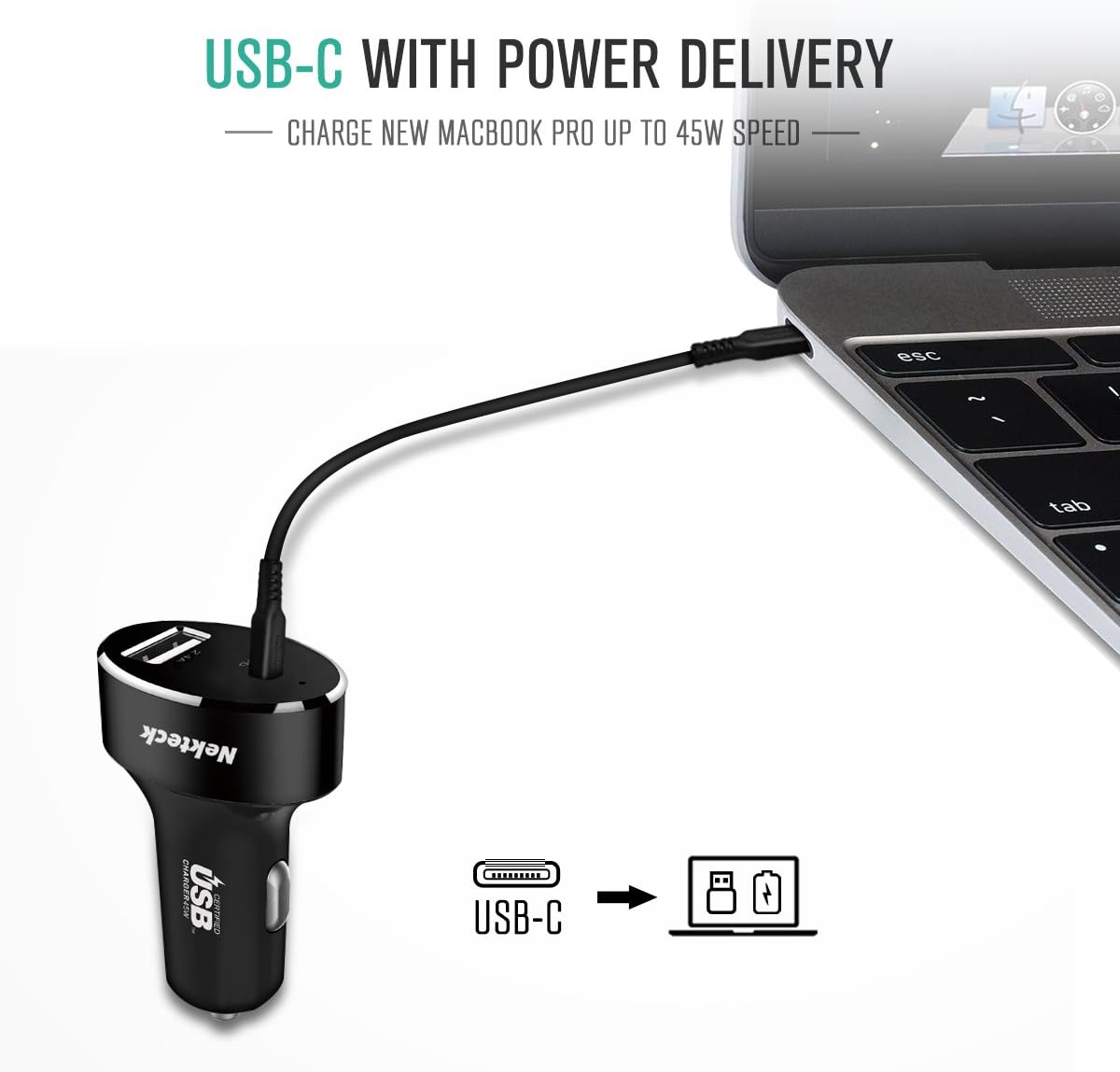 Nekteck Type C Car Charger with 45W Power Delivery, 12W A Port, 3.3ft Cable for iPhone, iPad, MacBook, Galaxy
