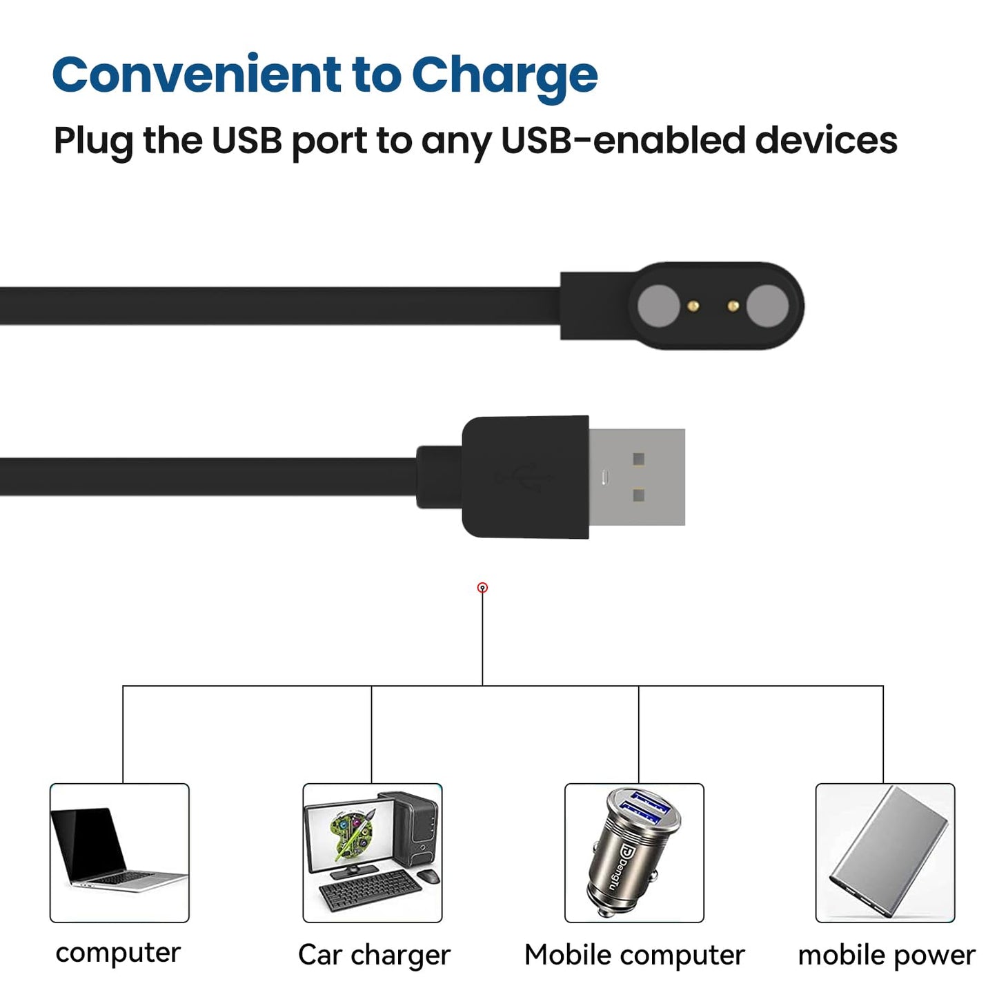 RuenTech 2-Pack Chargers for MOJIAJIZERA Smart Watch, Replacement Magnetic Charging Cable (Black&Black)