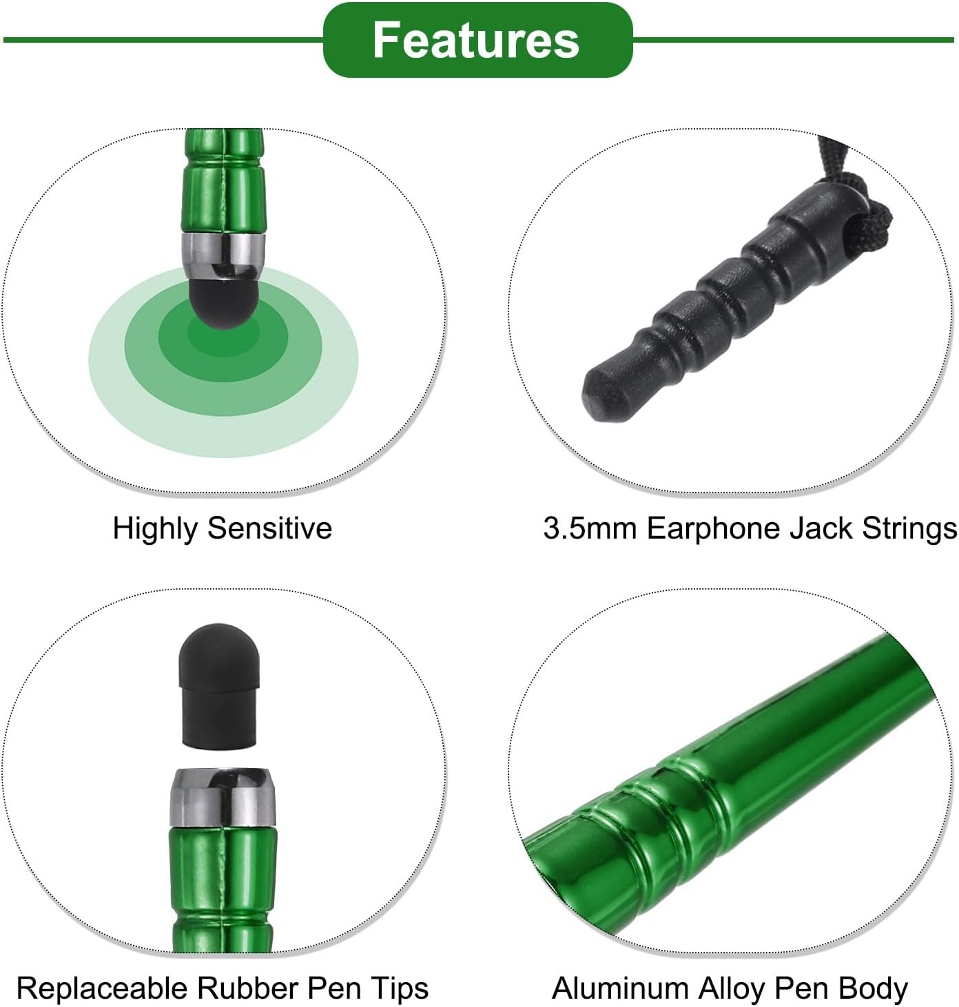 MECCANIXITY 5pcs Metallic Stylus Pen, Aluminum Alloy Mini Metal Capacitive Pens for All Touchscreen Devices, Green