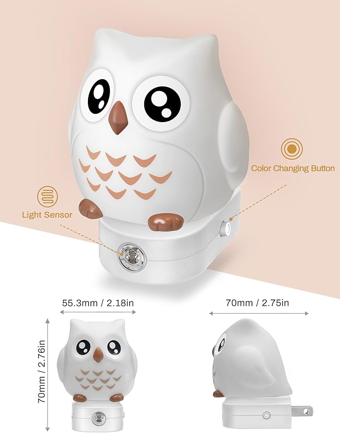 DORESshop Owl Night Lights Plug Into Wall, Cute Night Light for Kids, 8-Color LED Night Light with Dusk to Dawn Sensor, Decorative Nightlight for Kid Room, Bathroom, Bedroom, Children Gift, 1 Pack