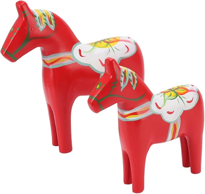 Asixxsix Red Scandinavian Wooden Dala Horse Figurines, Set of 2, Cultural Christmas Decoration Gift