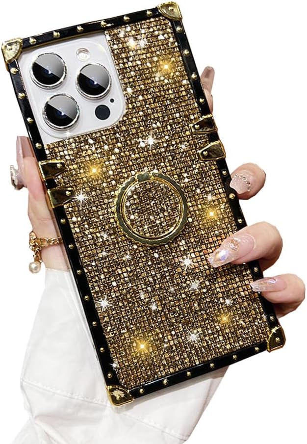 for Samsung Galaxy S24 Plus S24+ Bling Case - Fashion Box Trunk Design Glitter Cute Gold Square Corner Soft Cover with