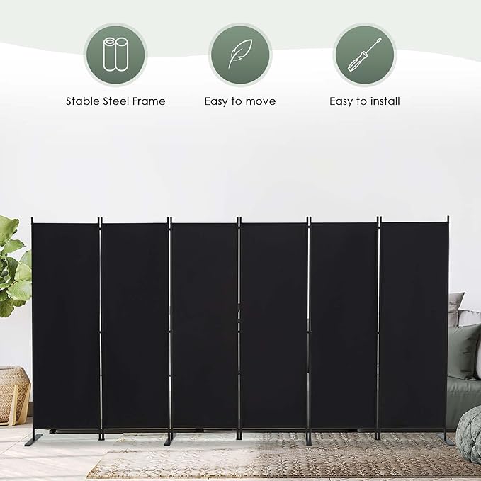 RANTILA 6 Panel Room Divider, 6 FT Folding Privacy Screen with Wide Feet, Freestanding Partition for Room Separation, Portable Room Divider Panel, 133" W x 71" H, Black