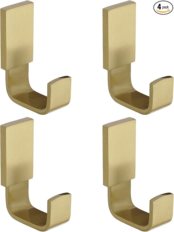 BESy Brass Clothes Hook Single Towel Hook for Bathroom Kitchen Garage Square Style Robe Hooks Coat and Hat Hook, Self Adhesive with Glue or Wall Mounted with Screws, Four Packs, Brushed Gold