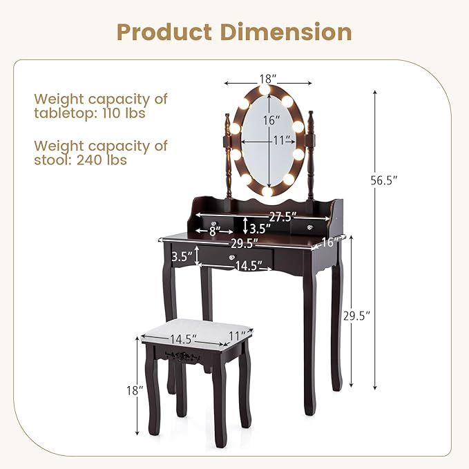 CHARMAID Girls Makeup Vanity Desk with Lights, Vanity Table with Lighted Mirror, 3 Lighting Modes, Adjustable Brightness, Modern Makeup Table with 3 Drawers and Stool for Small Space (Espresso)