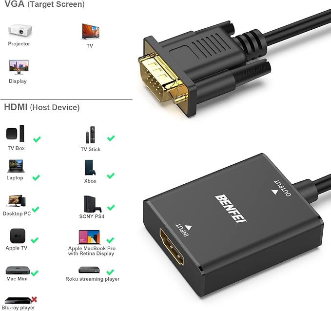 BENFEI HDMI to VGA Adapter, Female HDMI Input to Male VGA Output Adapter with 3.5mm Audio Jack Compatible for TV Stick, Computer, Laptop,ect-2 Packs