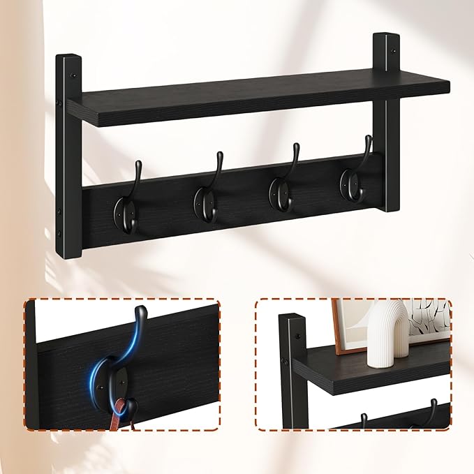 YMYNY Coat Rack Shelf Wall Mounted, Coat Hooks Set of 2, Entryway Coat Hanger with 8 Hooks, 31.5" Wall Floating Shelf with Hat Rack, for Kitchen, Bedroom, Bathroom, Black UHWS001B-2