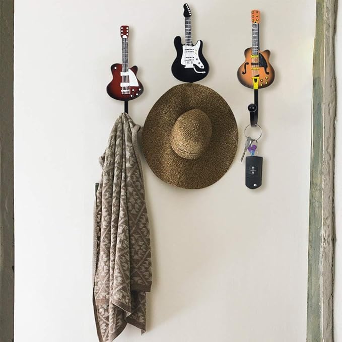 KUNGYO Vintage Guitar Shaped Decorative Hooks Rack Hangers for Hanging Clothes Coats Towels Keys Hats Metal Resin Hooks Wall Mounted Heavy Duty (3-Pack) (Guitar Hook-B)
