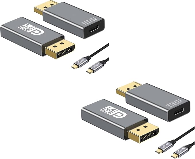 USB C to DisplayPort Adapter with USB C Video Cable, 8K@60Hz Uni-Directional USB C Female to DP Male Adapter, Thunderbolt 4/3 to DP Converter Compatible with i-/Phone 17, Galaxy, MacBok Pro- 2 Pack