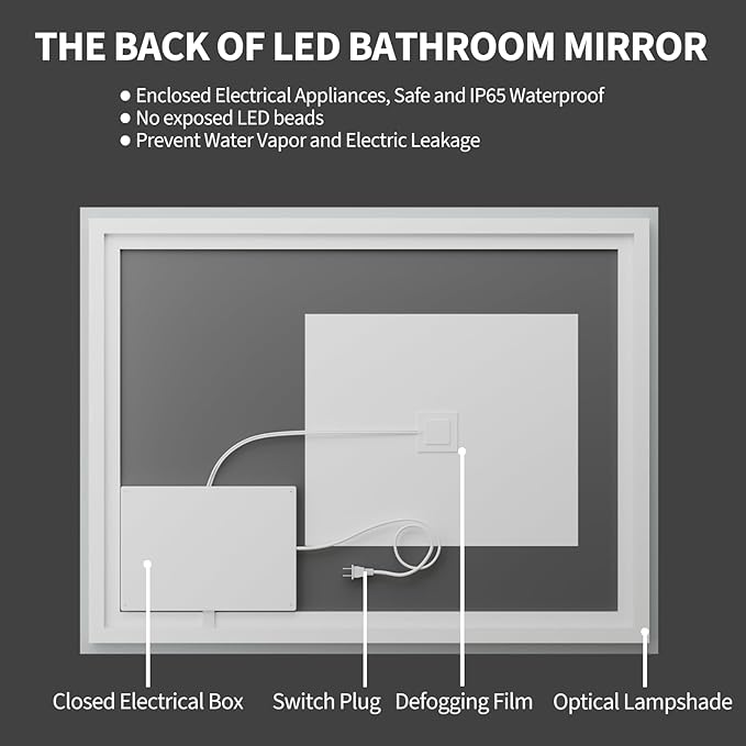Koonmi 32x48 LED Bathroom Mirror, Backlit + Front Lit, LED Bathroom Mirror with Lights for Wall, 3 Colors, Anti-Fog, Dimmable Brightness, Memory Function, Tempered Glass