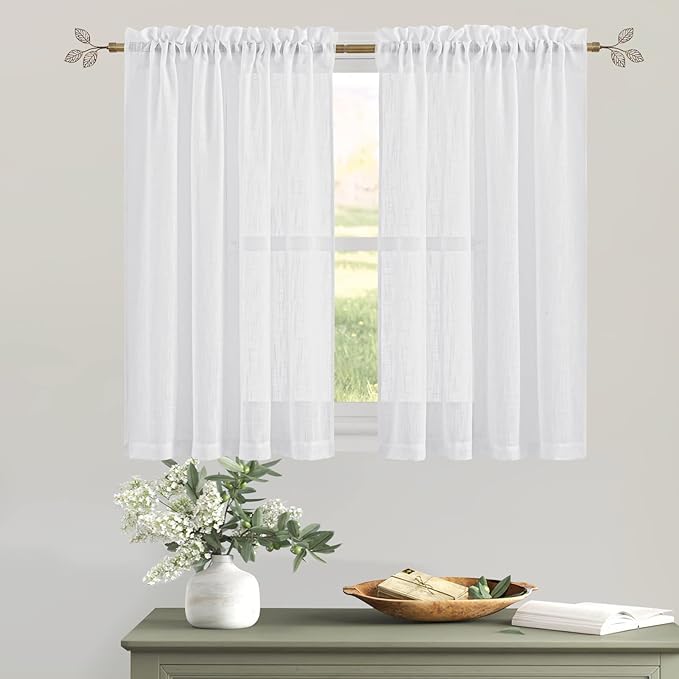 RYB HOME White Semi Sheer Curtains, Light Filtering Privacy Protection 2 Panels Set Linen Textured Small Window Treatments for Living Room Dining Bedroom, W 42 x L 54 inches, White, 2 Panels