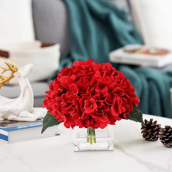 Silk Red Hydrangea Artificial Flowers in Vase with Faux Water, Faux Floral Arrangements in Vase for Home Decor, Wedding Table (Red)