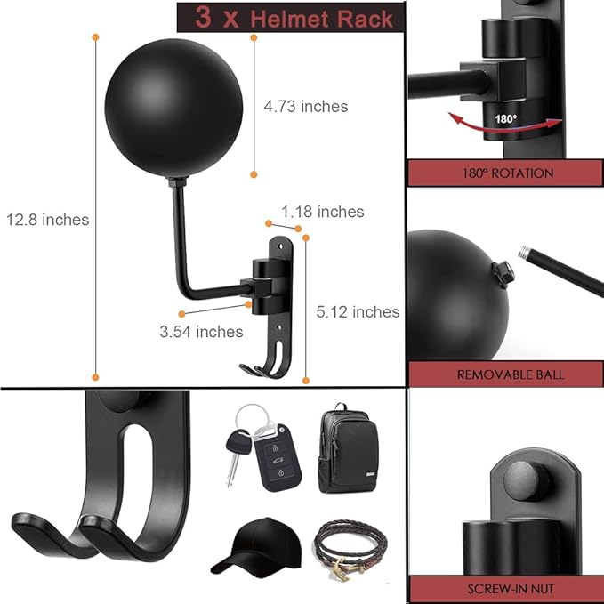 SANGMO 3 Pack 180° Motorcycle Helmet Rack, Rotation Metal Helmet Holder Wall Mount, Helmet Holder Bike with 2 Hooks Helmet Hanger for Motorcycle Bike Coats, Caps, Baseballs, Rugby Helmet(3 Pack)