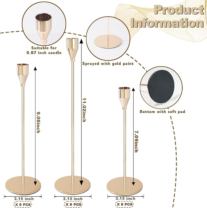 Gold Candlestick Holders Bulk, Taper Candles Holder for Table Centerpiece Set of 27 Metal Candle Sticks Holders Stand Candelabra Candle Holder for Christmas, Wedding, Dinning, Home Decor