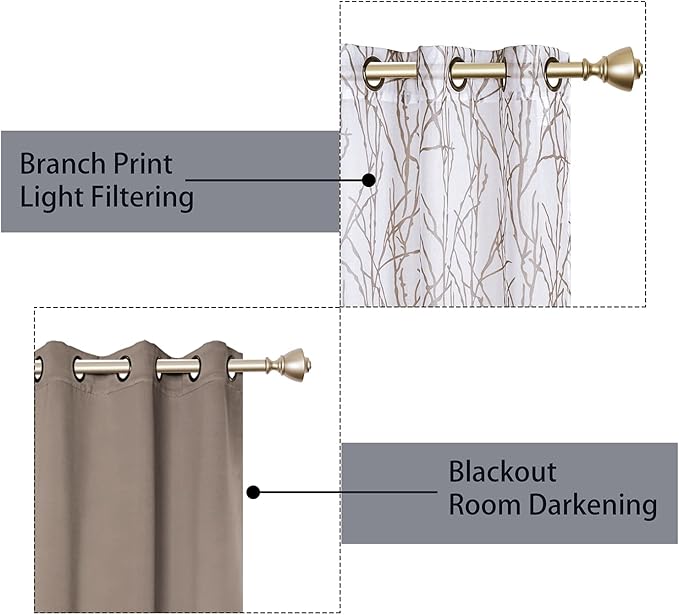 BONZER Mix and Match Curtains - 2 Pieces Branch Print Sheer Curtains and 2 Pieces Blackout Curtains for Bedroom Living Room Grommet Window Drapes, 54x63 Inch/Panel, Taupe, Set of 4 Panels