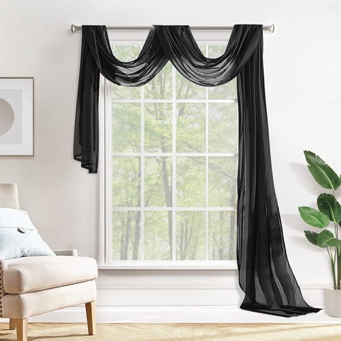 MIULEE Luxury Sheer Voile Elegant Topper Long Window Valance Solid Window Treatment Swags Drapes for Window Ceremony Wedding Canopy Bed 54" x 216" Black 1 Piece