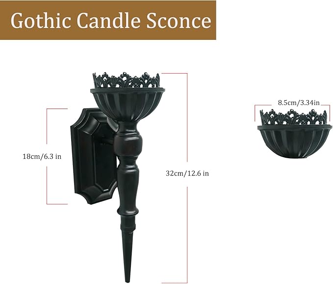 Gothic Wall Candle Sconces Set of 2 - Black Wall Mounted Candle Holders - Halloween Decor for Indoor Living Room Bathroom