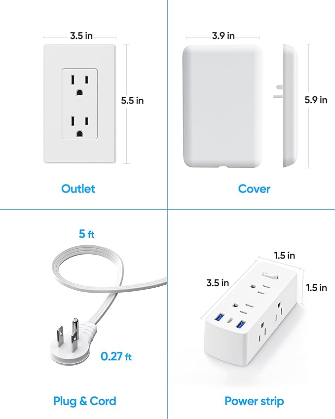 Flat Extension Cord with Outlet Cover, Olcorife Flat Plug Power Strip with 6 Outlets and 3 USB Ports, 2000 Joules Surge Protector, 10 FT Cord Hidden Outlet Extender for Tight Spaces