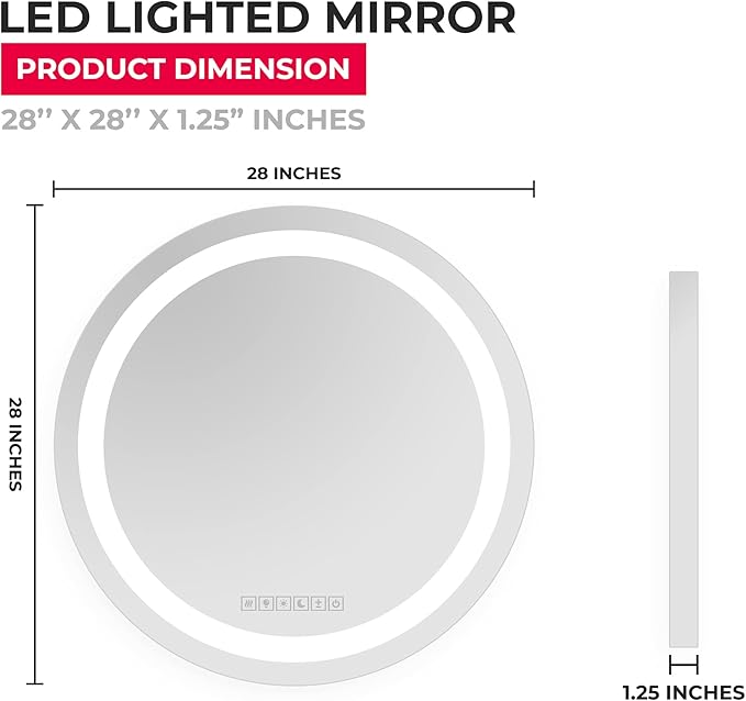 LED Round Bathroom Mirror, Wall Mounted Vanity Makeup Mirror with Anti Fog, Dimmable Touch Button, Adjustable Color Temperature, Memory Function 28 Inch by Fab Glass and Mirror