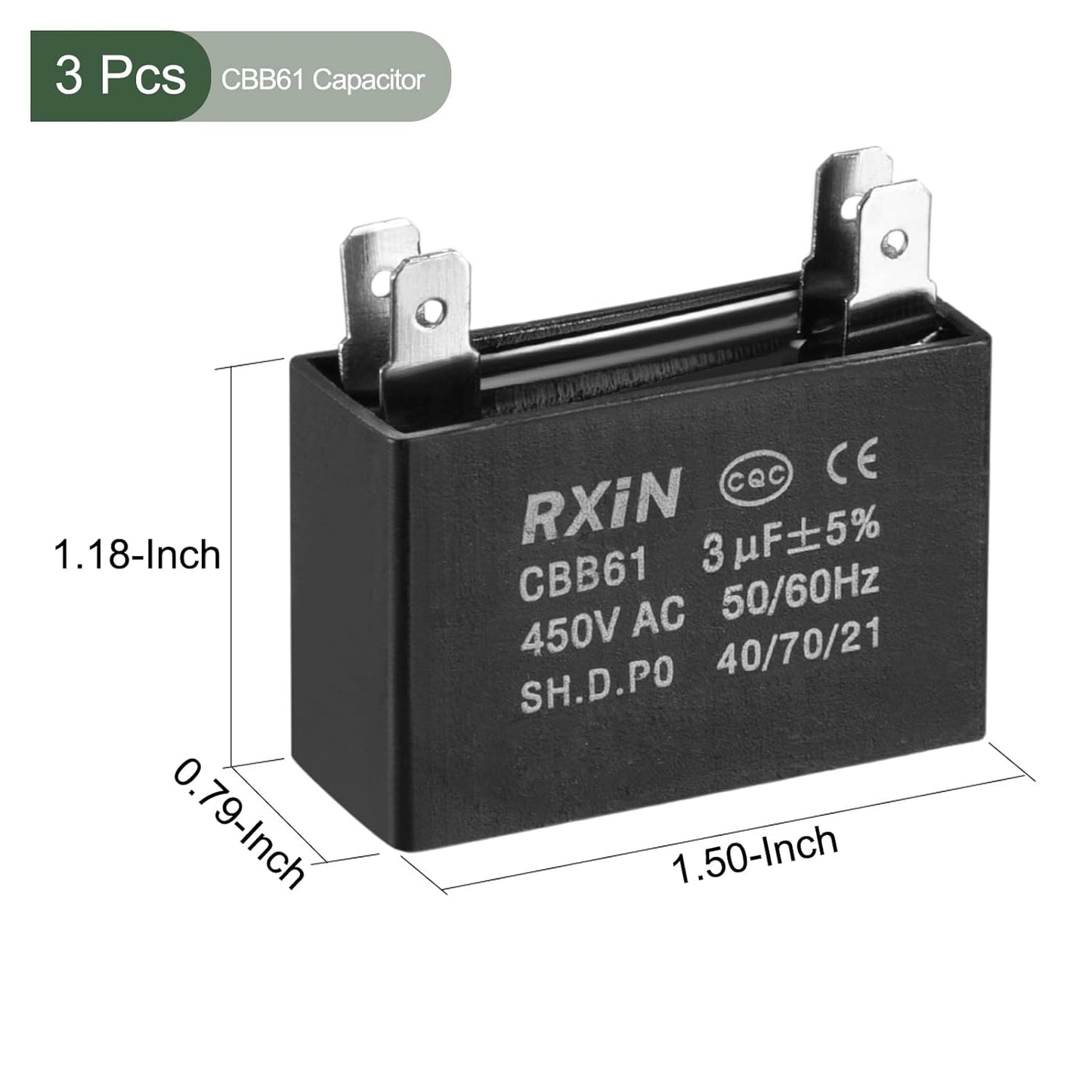 YOKIVE 3 Pcs CBB61 Run Capacitor, 450V AC 3uF 50/60Hz, Low Loss for Washing Machines Motor (Black)